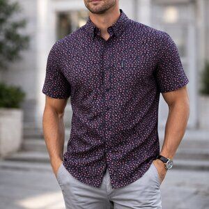 Ben Sherman Button Up Shirt Floral Print Short Sleeve Casual Navy Pink Men’s L